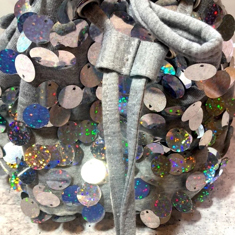 Justice Girls Heather Gray w Silver Sequin Hobo Bag Purse Lined Adjustable Strap